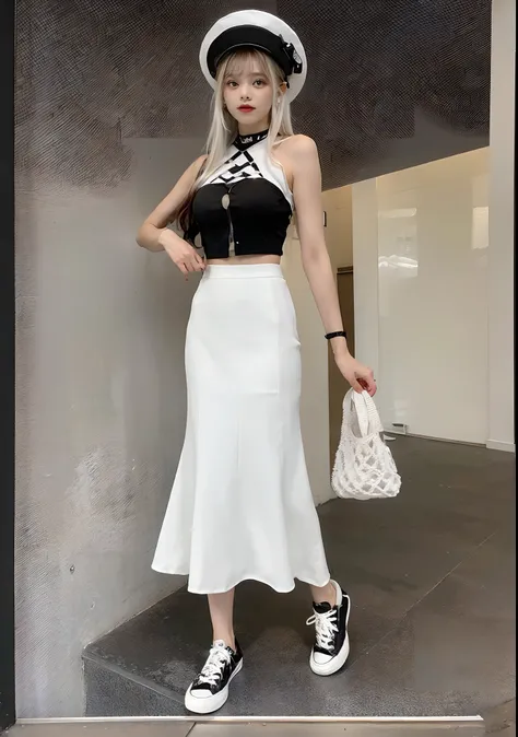 arafed woman in a black top and white skirt and black sneakers, white skirt and barechest, wearing white skirt, white skirt, smooth white tight clothes suit, dressed in long fluent skirt, white and black, wearing a tanktop and skirt, white trendy clothes, ...