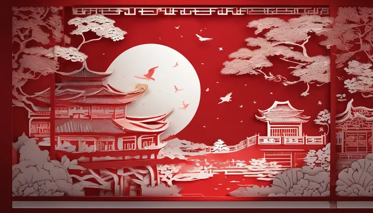 Flat Paper Cutout，Red background。(Best Quality,4K,8K,hight resolution,masutepiece:1.2),Ultra-detailed,Realistic:1.37,Traditional Chinese Art Style,Moonlit landscape,Moonlight silhouette art,Cut Paper Art,Layer effects,Projected shadows,Paper cutouts with i...