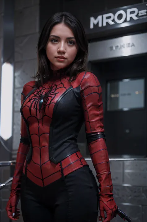 4K, realista, charismatic, muy detallada, anamr en la cima de la ciudad, con traje de Spiderman, Shes a Spider-Man, SpidermanClasic female, cabello largo blanco, 25-years old, cuerpo completo