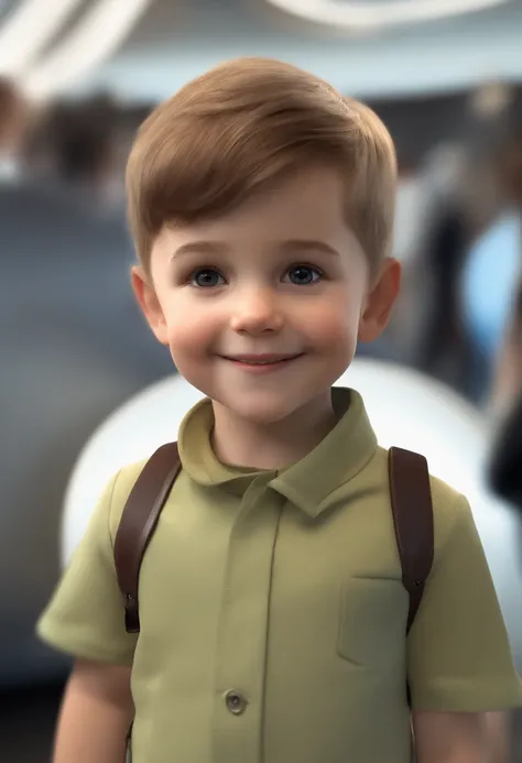 a happy cute kid standing short hair, vestindo uma fantasia espacial, , fundo branco, barnet, tom, Estilo Pixar, ..3d, desenhos animados, rosto detalhado, asymmetrical 16k