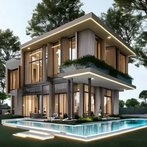 Modern Luxury Mansion with pool of different models with different materials hyper realistic super detailed Dynamic shooting Centerpiece Scene Three points Perspective Camera view Hyper realistic Super Detailed Materials