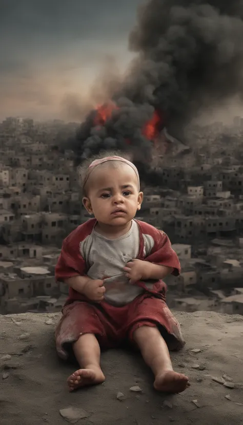 A surreal depiction of a little baby girl, Sit sadly, in pain, (eyes shedding tears, The face is focused on the camera), A sense of disorder, a Palestinian, Curly hair, Dusty face and fabric, (A city in the background is destroyed by fire, Human body on th...