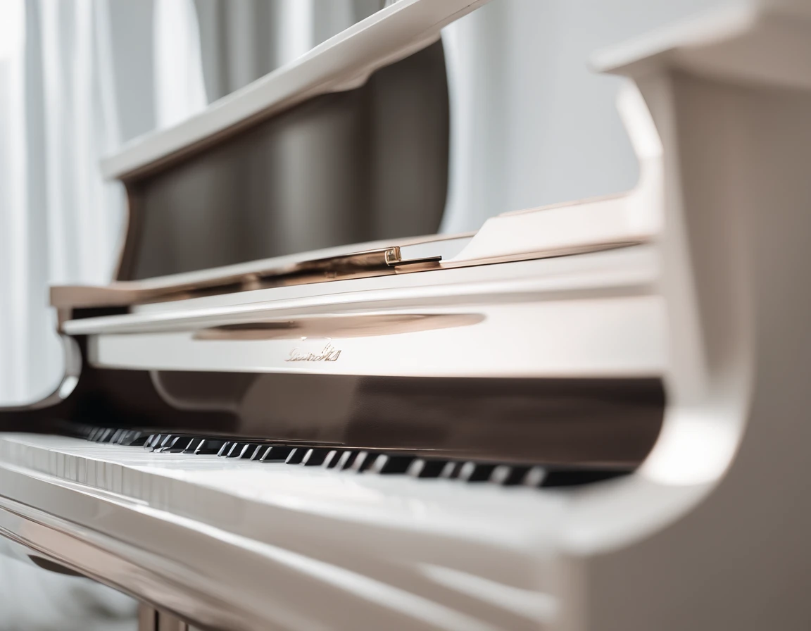 (Romantic light,Ultra-detailed:1.2)Close-up of a white grand piano,Soft focus,Bright scene,Masterpiece:1.2,White tones,Emotions, Emotions,Chinese painting style,Luxury materials,high resolution,Portrait,Classic composition,Piano melody