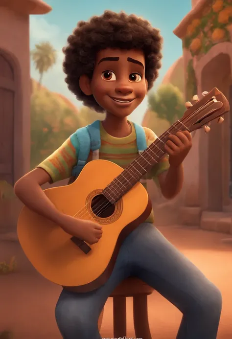 crie um banner no estilo Pixar. A boy with African features, moreno pardo com cabelos curtos, pretos escuros, Curly and slightly grayish appearance, mas jovem, usando uma camiseta, Wearing jeans and holding a classical guitar with 7 strings.