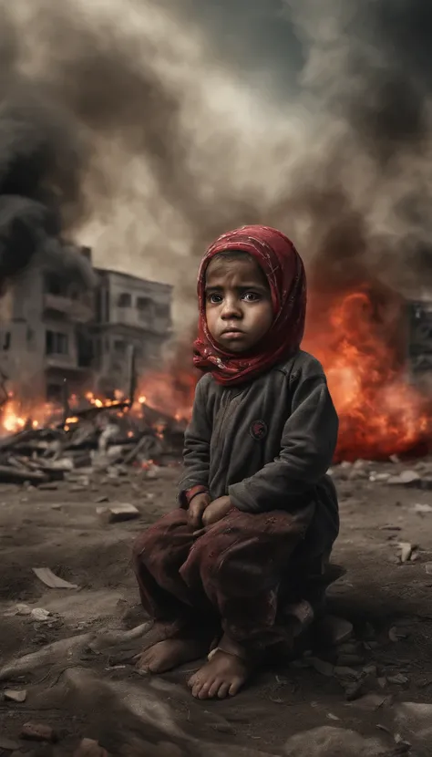 A surreal depiction of a little baby girl, Sit sadly, in pain, (eyes shedding tears, The face is focused on the camera), A sense of disorder, a Palestinian, Curly hair, Dusty face and fabric, (A city in the background is destroyed by fire, Human body on th...