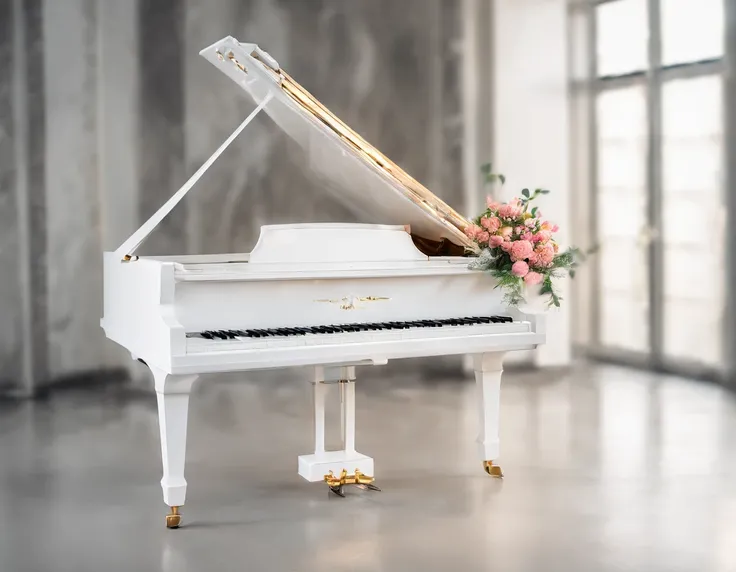 (Romantic light,Ultra-detailed:1.2)Close-up of a white grand piano,Soft focus,Bright scene,Masterpiece:1.2,White tones,Emotions, Emotions,Chinese painting style,Luxury materials,high resolution,Portrait,Classic composition,Piano melody