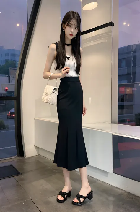 araffe woman in a black skirt and white shirt standing in front of a window, wearing black vest and skirt, dressed in long fluent skirt, high-waist-black-skirt, jia, with black, wearing a tanktop and skirt, tall thin beautiful goddess, long skirt, long dre...