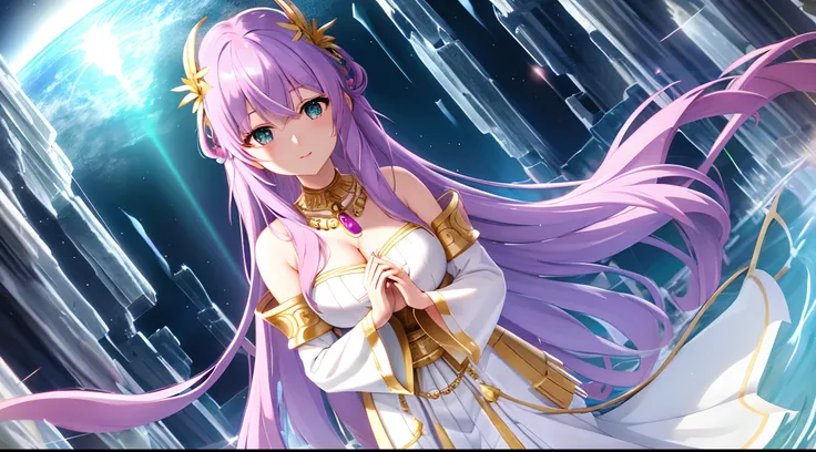 Athena with plain long light purple hair,hair between eyes,green eyes,rosy cheeks,full lips,thin eyebrows,slender body,wearing golden pauldrons robes and full long skirt,praying beads on neck,beads on neck,cute anime girl,full body,cascading waterfalls in ...