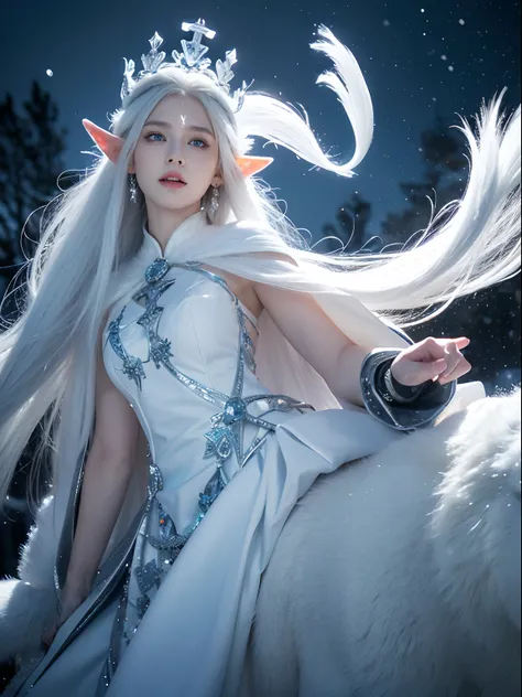 (( Elf girl with long white hair, blue eyes, good shape, long white dress, cape, ice crown, ice earrings )), (( Riding on the back of a thick, huge, white-haired wolf. Very wild. Split fangs, demons. )), full body image, Look at the camera., Front camera a...