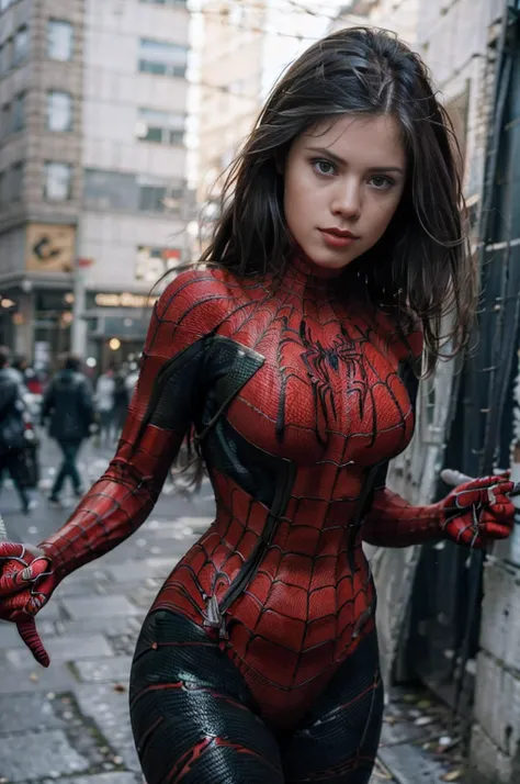 4k, realista, charismatic, muy detallada, little_caprice en la cima de la ciudad, con traje de spiderman, she's a spider-man, sp...