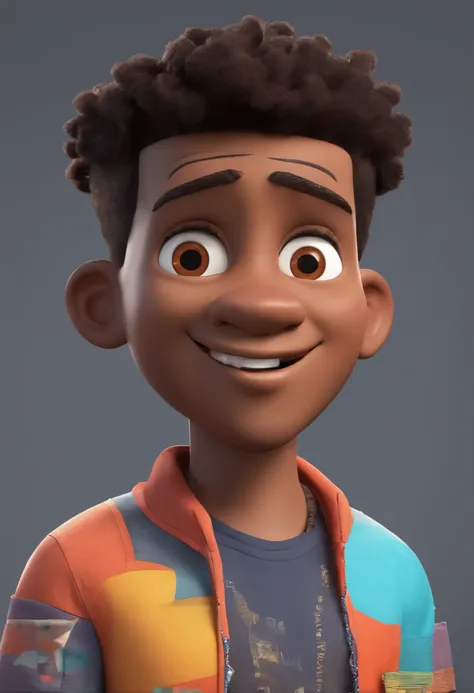 Estilo Pixar: Brown Eyes Man combone on head 18 years old , africano, com cabelo curto , preto, camiseta preta