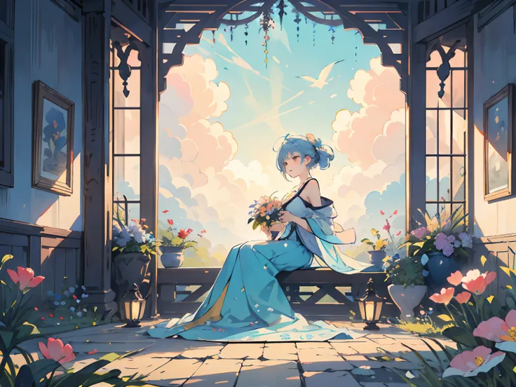 (best quality,illustration,masterpiece:1.2,high-res:1.1),illustration,1girl,cute girl,floral,cloud,bird,flowers in herhair,peaceful scene,soft sunlight,harmonious colors,vibrant atmosphere,dreamy,vivid details,gentle breeze,fairytale-like,delicate lines,pa...