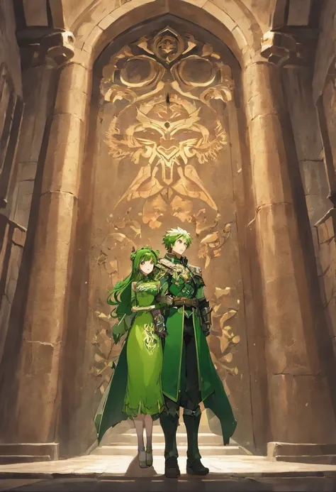 Man in green armor and scarlet haired woman standing in the courtyard of a castle