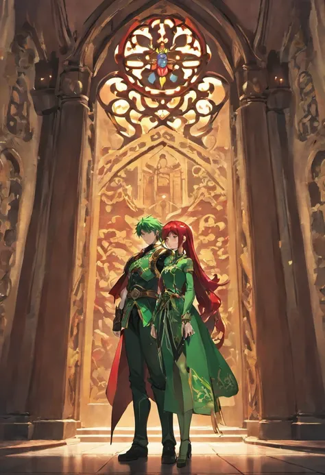 Man in green armor and scarlet haired woman standing in the courtyard of a castle