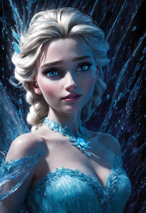 Elsa from Disneys Frozen, a burst of tangy aqua cascades, entwining with viscous allure, a figure emerges from the shadows, in a neo-expressionist masterpiece of blueberry syrups embrace, masterpiece, best quality, (intricate details), dreamy, perfect eyes...