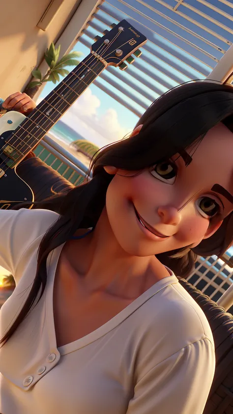 Classic Pixar style image of a 31-year-old Brazilian woman, transgender, cabelo longo, castanho escuro levemente ondulado. She holds a guitar on the beach at sunset