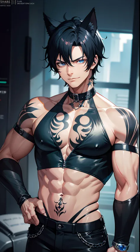 Grown-up guy, Short black hair with blue strands, high ponytail, cat ears, blue eyes, musculature, smirk, black tank top, Jeans, fetters, Silver elements, tattoo, Scars, Blue Flame, zipper, Masterpiece, hiquality, 4k, HD, Good detail