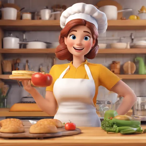 Crie uma cena de desenho animado  estilo 3d -Pixar, Onde uma mulher, de cabelos lisos castanhos com 35 anos de idade, Shes cooking dressed as a pastry chef.