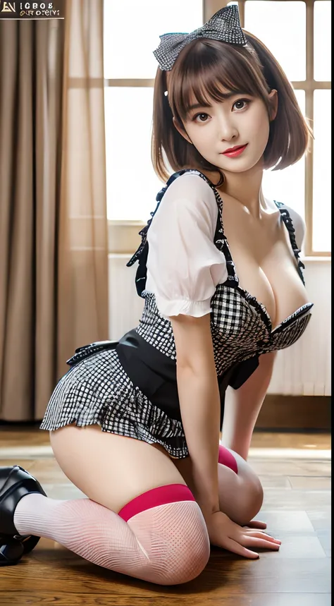 (best quality,highres,masterpiece:1.2),ultra-detailed,(realistic,photorealistic,photo-realistic:1.37),gingham check,erotic beautiful woman,high-quality maid,female character,knee-high socks,panty shot,cleavage