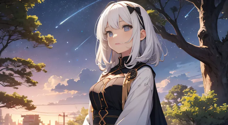 The background is a city, perfect white-haired girl, loli in dress, white-haired, white-haired god, cute anime waifu in beautiful clothes, gray-haired, best anime 4k konachan wallpaper, little curve loli, guvez on Pixiv ArtStation, white-haired girl, night...