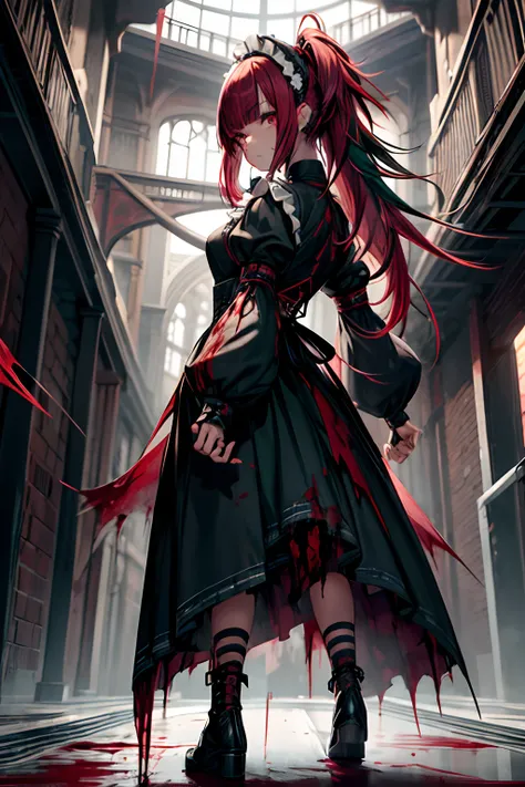 from the rear、horor、in isekai、Dynamic、Acrobatic、full body Esbian、crosses、Goth Punk、Longhaire、Twin-tailed、dishevled hair、long、Blunt bangs、dead body、Blood everywhere、blood splashing、dark hue、Red hue、maid、Green hair、