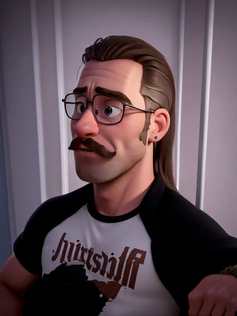 A 3D movie poster in Disney-Pixar style of a 27-year-old white man with blonde eyebrows, dark blonde long hair shaved on both sides of the head and long on top, an upward mustache mustache, light facial hair, a single hoop earring in one ear, wearing a bla...