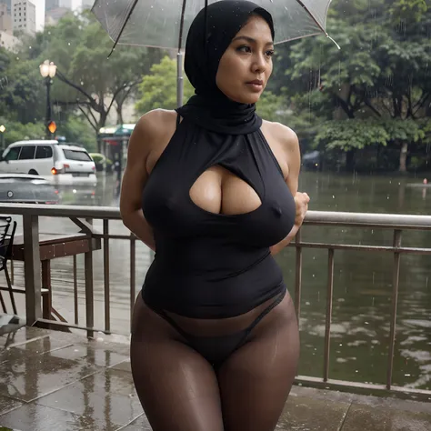 52 years Old, Indonesian Hijab milf, Droopiest gigantic saggiest longest mature tits, wearing tight Thin sleeveless, Wearing pantyhose, Her sleeveless cannot cover her gigantic breast, Busty body, Wet body, rainy atmosphere, heavy rain, at central park, fu...