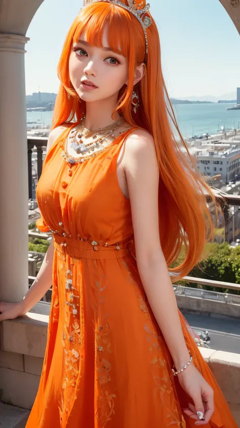 4K ulta hd, masterpiece, 1 girl, good face, very long hair, hair ornament, light makeup, detailed eyes, small round breast, ultra detailed clothes,  (orange princess dress:1.5), lace:1.5, (shining dress:1.8), strap dress, necklace, jewellery, amazing balco...