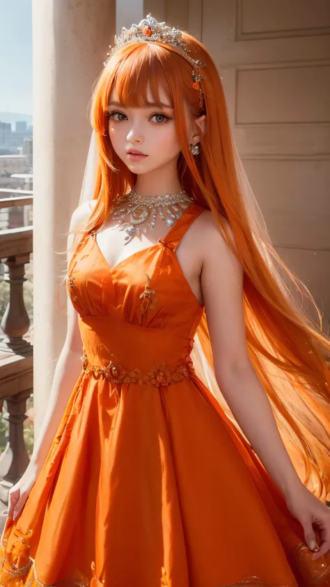 4K ulta hd, masterpiece, 1 girl, good face, very long hair, hair ornament, light makeup, detailed eyes, small round breast, ultra detailed clothes,  (orange princess dress:1.5), lace:1.5, (shining dress:1.8), strap dress, necklace, jewellery, amazing balco...