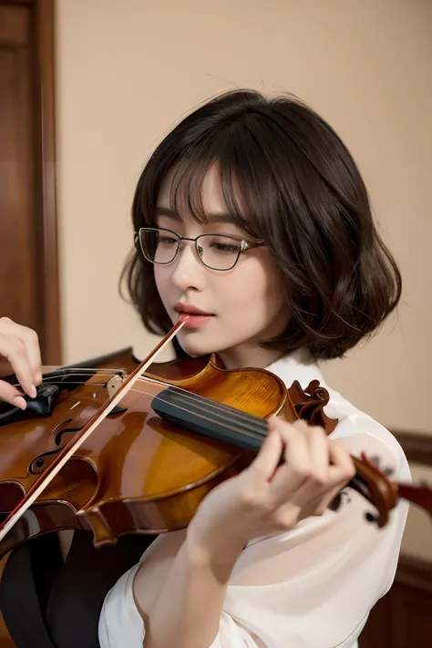 (best quality,ultra-detailed,realistic:1.37),vibrant colors,soft lighting,portrait,curly-haired,Asian girl,with a chic bob haircut, wearing oversized transparent-frame glasses in Ray-Ban style. menia asiatica playing violin, happy gaze towards camera, deta...