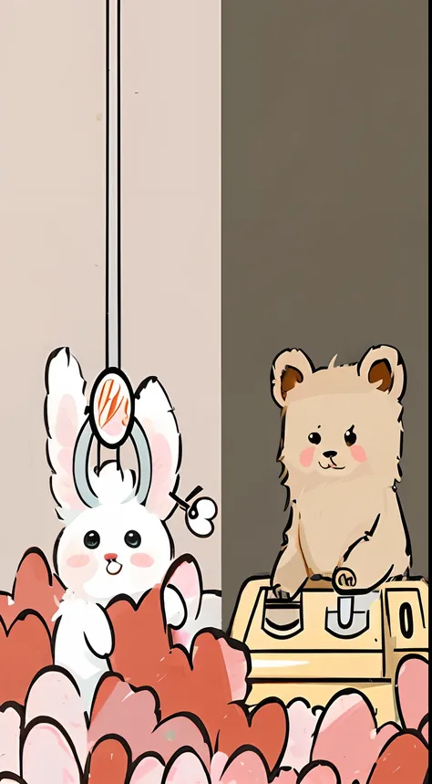 Cute cartoon scene pictures，Somewhat similar to the scene of catching a doll，On the left is a cute white bear，She has a claw on her head，Its a mechanical grasp of the doll scene。On the right is a grizzly bear，He manipulated the buttons，Its as if he grabbed...