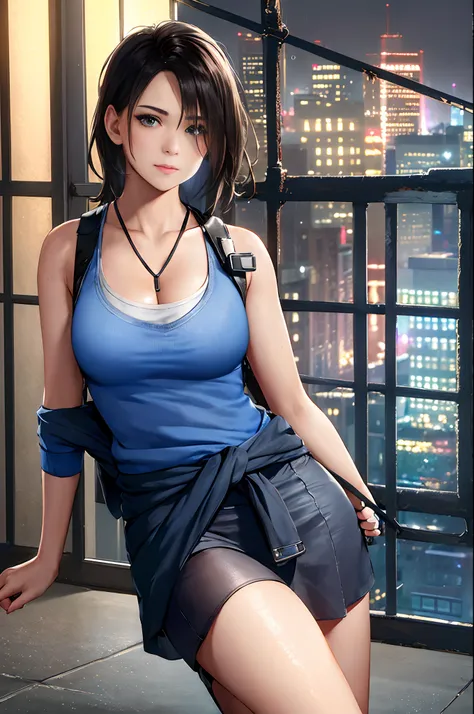 1girl, cowboy shot of zotovalentine, blue tank top, shoulder holster, black skirt, sweater around waist, athletic, old mansion i...