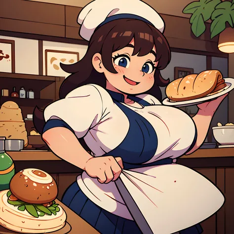 A chubby female head chef, very large stomach, huge legs, bottom heavy. Cooking a very tasty meal, focused, smiling, in a seaside restaurant, tied up hair, tasting her food,