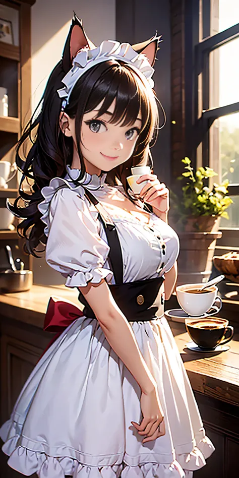 Best quality, masterpiece, HD digital photo of a girl, Pixar animation style, a cat-eared girl in 30% English maid outfit, upper body, standing back smiling looking at the camera, Cafe Background, soft lighting, warm colors, ((()))