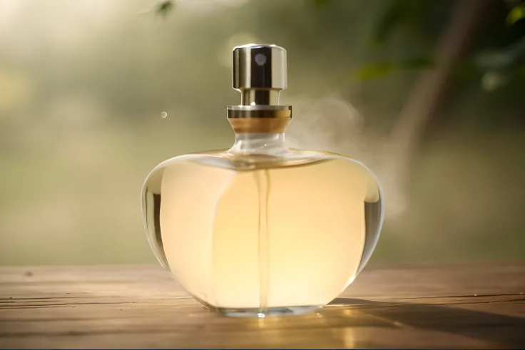 there is a bottle of perfume sitting on a table, carrying a bottle of perfume, perfume, perfume bottle, floating in perfume, oud, smelling good, noon, antique perfume, beutiful, perfect crisp sunlight, light orange mist, misting, light mist, high quality t...