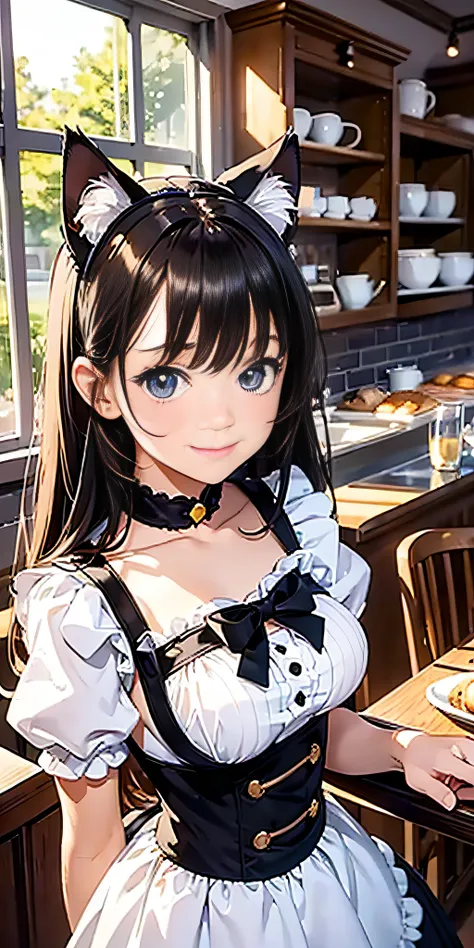 Best quality, masterpiece, HD digital photo of a Teen girl, Pixar animation style, a cat-eared girl in 30% English maid outfit, upper body, standing back smiling looking at the camera, Cafe Background, soft lighting, warm colors, (((medium breast)))