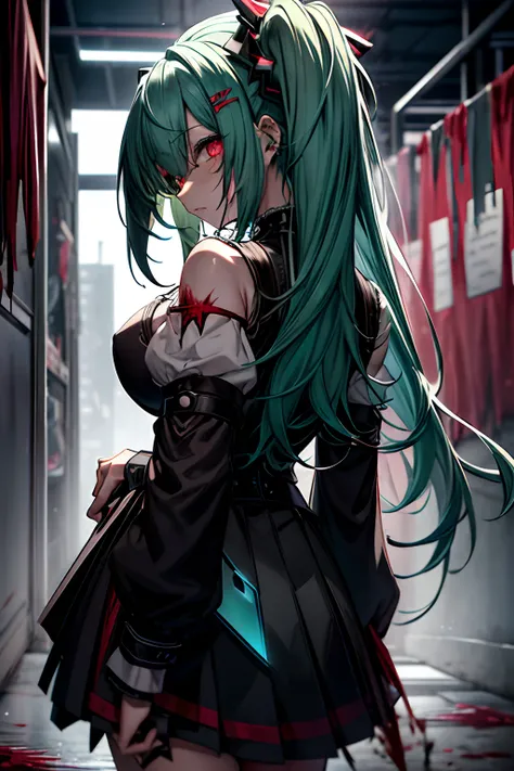 Black pleated skirt、miku hatsune、from the rear、horor、in isekai、Underworld、Goth Punk、Longhaire、Twin-tailed、dishevled hair、long、Blunt bangs、Ahegao ( Silly / Sexual ecstasy)、dead body、Blood everywhere、blood splashing、dark hue、Red hue、maid、Green hair、