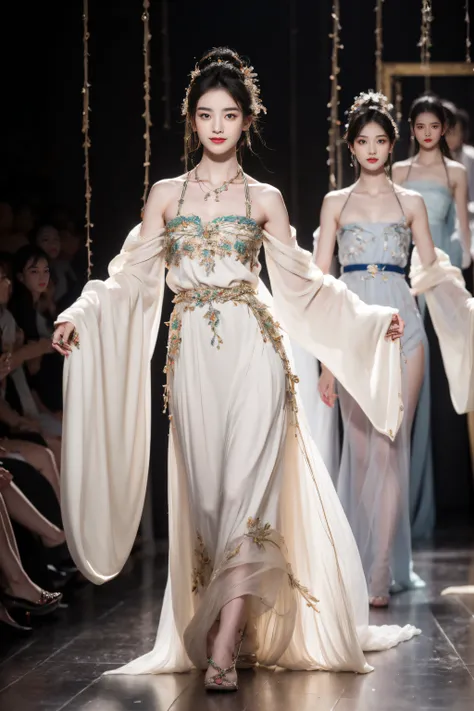 Beautiful model walking on the catwalk，Perform modeling steps。Wear Ming Dynasty Hanfu clothes，Rose long dress，Princess dress，Gorgeous vintage court style dress，Long skirt，maxiskirt，Large hem，The hem of the long skirt is close to the floor，The style is a Ha...