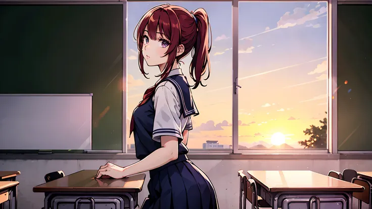 1girl, short flame red hair, ponytail, purple eyes, blue school uniform, black skirt, classroom, setting sun, looking at viewer