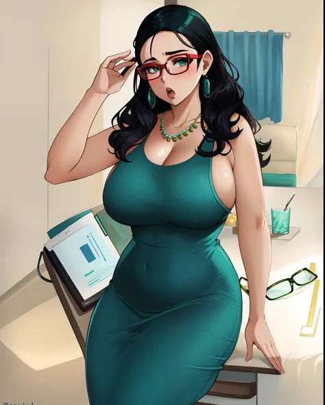 araffe woman in a teal dress and glasses posing for a picture, thick glasses, tight dress, with glasses, sexy dress, with glasses on, gorgeous female, big glasses, thicc, nerdy appearance, seductively looking in front, better known as shiftymine, skintight...