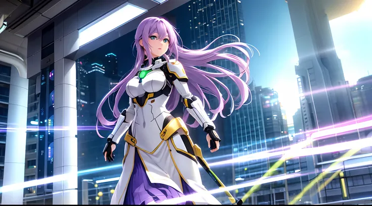 Athena with plain long light purple hair,hair between eyes,green eyes,rosy cheeks,full lips,thin eyebrows,slender body,wearing cybernetic armor and full long skirt,cute anime girl,full body,futuristic city streets in background,anime style,extremely deep d...