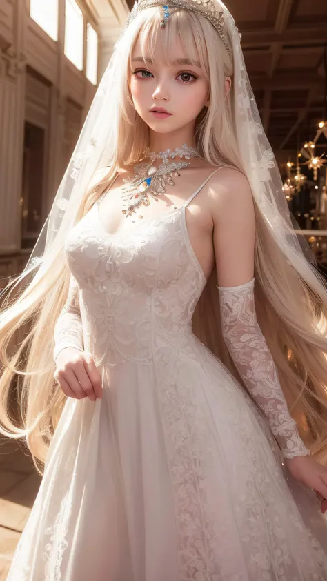 4K ulta hd, masterpiece, 1 girl, good face, very long hair, hair ornament, light makeup, detailed eyes, small round breast, ultra detailed clothes,  (white princess dress:1.5), lace:1.5, (shining dress:1.8), strap dress, necklace, jewellery, amazing balcon...