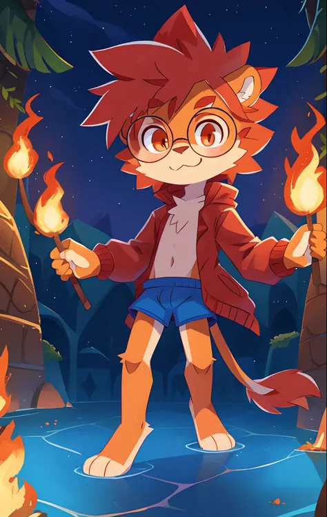 furry shota, lion, red hair, spiky hairstyle, fire hair, orange eyes, glasses, detailed body fur, red jacket, open clothes, blue swim trunks, prince crown, flat body, masterpiece, looking at you, two tone body fur, orange body fur, clear orange body fur, d...