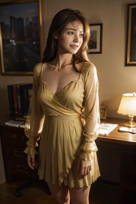 ((beautiful a girl:1.3))((Yellow Wrap Dress:1.4))((pantyshot:1.3))((In the secretarys office of the company:1.2)),((The hem of the skirt is a pleated skirt:1.3)),((See-through sleeves:1.2)),(((Brown-colored super long hair:1.2))),((Hair falls on the nipple...