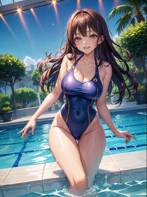 top-quality、Full limbs、complete fingers、1girl、((one beautiful women、独奏))、Beautiful Large Breasts、Medium hair、straight haired、((Woman in blue swimsuit with logo、onepiece swimsuit))、Indoor pool、Swimming Stadium、spectator seats、Naughty Poses、A big smile、Float...