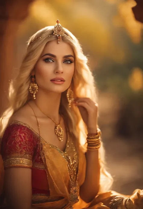 a beautiful young blonde woman dressed like jasmin from aladin, photorealistic, full body showing