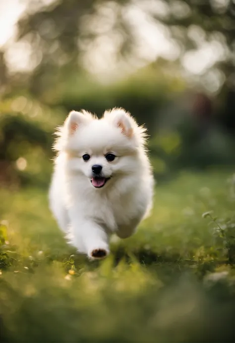 Cute white puppy，pomeranian，Long hairs，Black eyes，Moist eyes，Ears stand up，Running in the garden，Bright surroundings，having fun