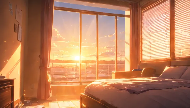 a close-up shot of sunlight peeking through the blinds, casting a warm glow over a messy bedroom, Low angle looking up at the window, capturing the golden light seeping through