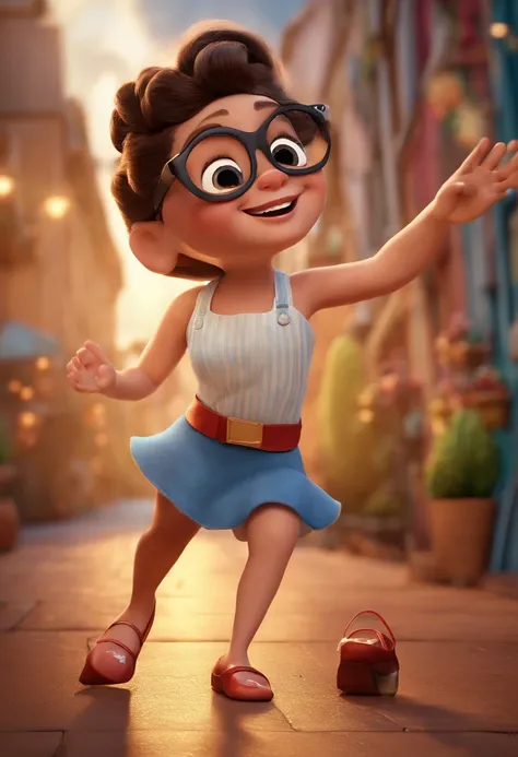 "(best quality,ultra-detalhado,Realistic:1.37),3D rendering,illustration,design de personagens,cabelos raspados grisalhos,belos olhos detalhados,wearing white glasses,Estilo Pixar,morena mulher,Dancing on the Disney stage,atmosfera animada,vivid colors,luz...