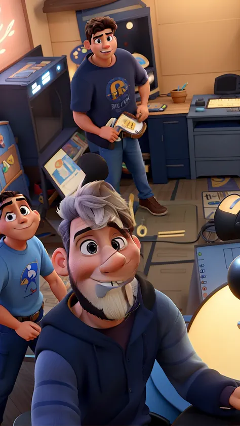 3 Men in a Disney Pixar-style studio, alta qualidade, melhor qualidade